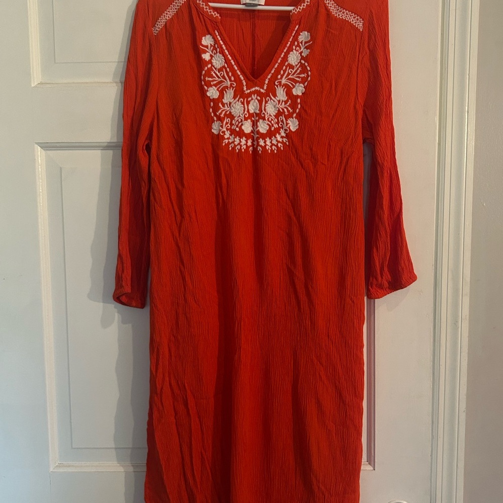 Old Nay Embroidered Red Krinkled Material Tunic Dress with V-Neck
